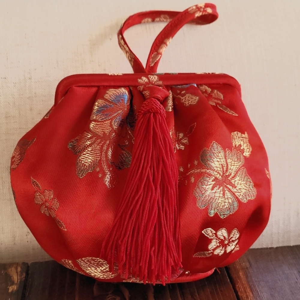 Vintage oriental satin pouch wristlet hand bag